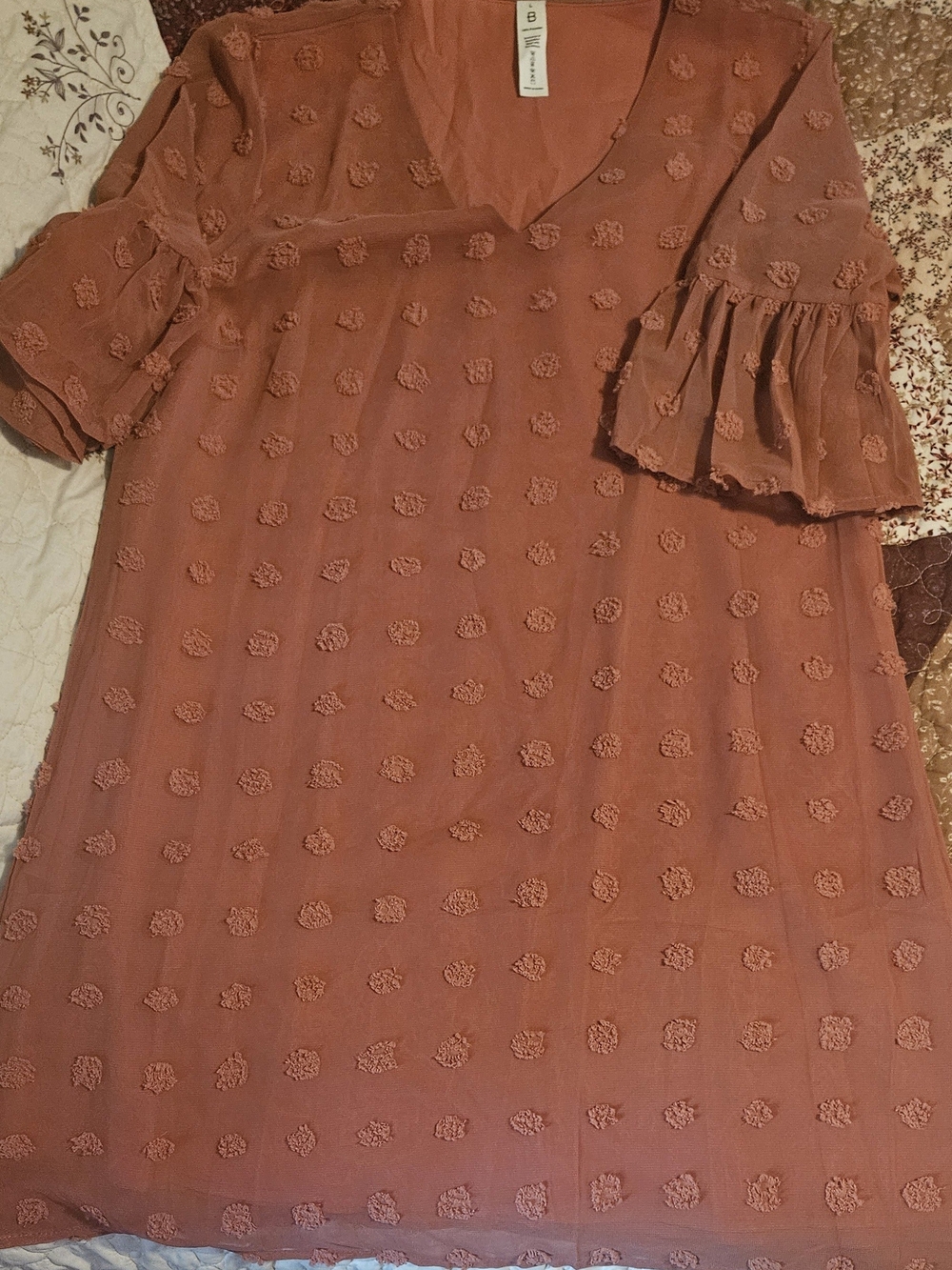 Women’s Textured Ruffle-Sleeve Dress in Terracotta New Without Tags